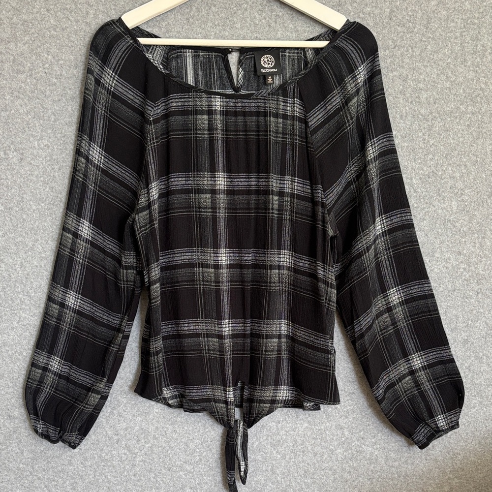 Bobeau Long Sleeve Peasant Plaid Blouse M